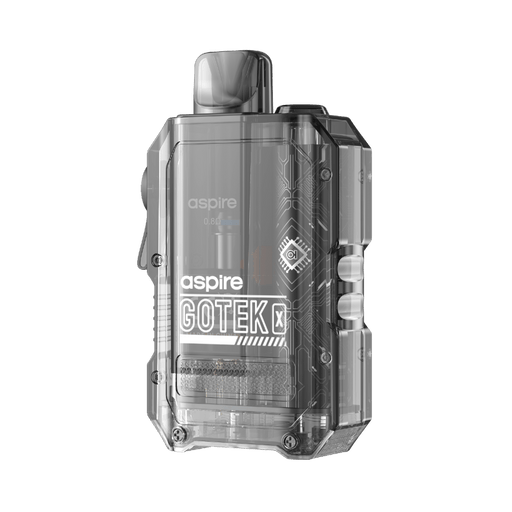  translucent Aspire Gotek X vape device with aggressive lines  and bold edges, inside workings of microchips in a grey colour.
