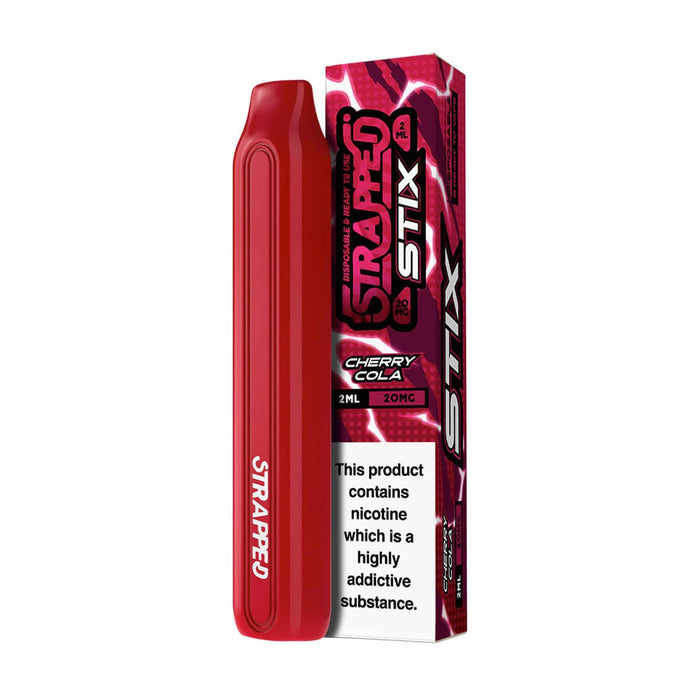 The Strapped Stix Cherry Cola Disposable Vape provides sweetness in the form of a classic cola beverage and combined with a hint of sourness from fresh, ripe cherries.
