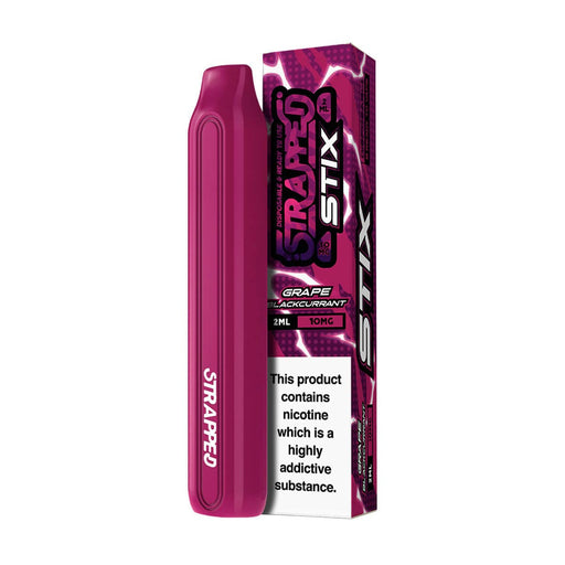 The Strapped Stix Grape Blackcurrant Disposable Vape combines sweet and sticky blackcurrant with tangy and slightly sour grape for an ultimate fruity flavour combo.
