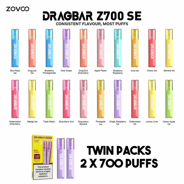 Voopoo / Zovoo | DRAG Bar Z700 SE Disposable Nicotine Salt Pod E-Cigarette Kit | Twin Pack - 700 Puffs x 2 Bars | 1400 Puff Total | Various Flavours | - IFANCYONE WHOLESALE